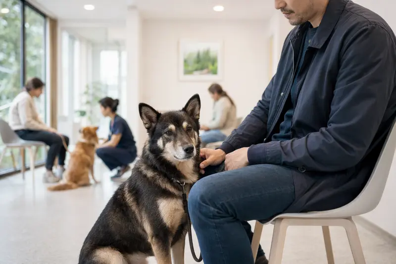Ein Ainu Inu Hund sitzt entspannt neben seinem Besitzer im modernen Wartezimmer einer Tierarztpraxis.
